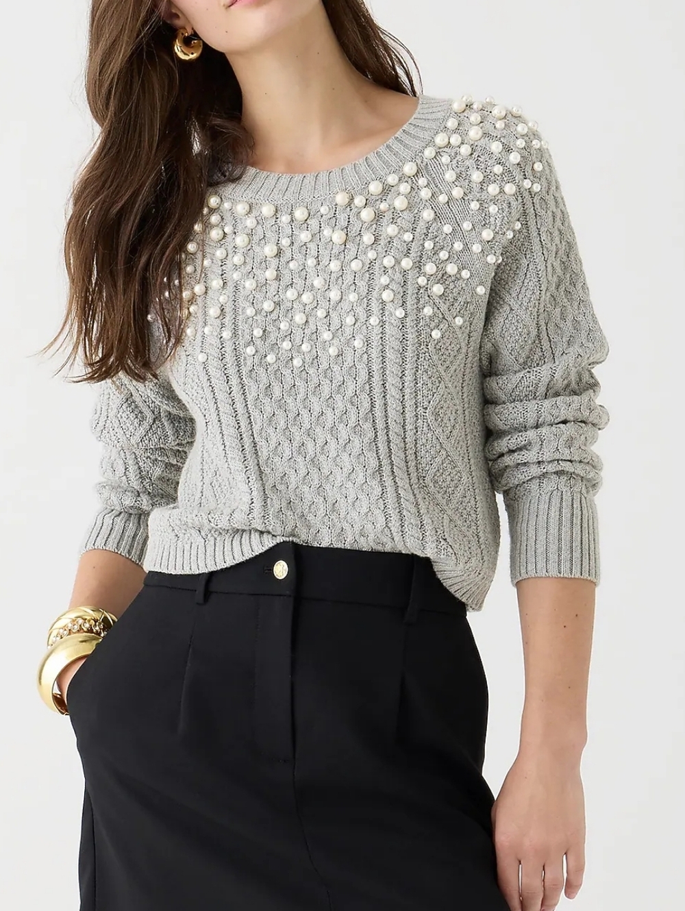 J.Crew Gray Pearl Embellished Cable Knit Sweater Womens Size Large